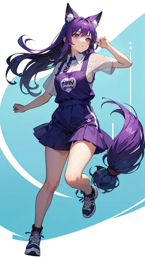 (Highest quality), (masterpiece), 1 Girl,Purple Hair,long hair,Fox Ears,Adult women,彼女はrunningしながらジャンプしている,running,Outdoor Basketball Court, She is wearing a suspender top, Fair skin, sunny, Full body photo,(Bright Eyes), (Iris),Very detailed,(single), swe...