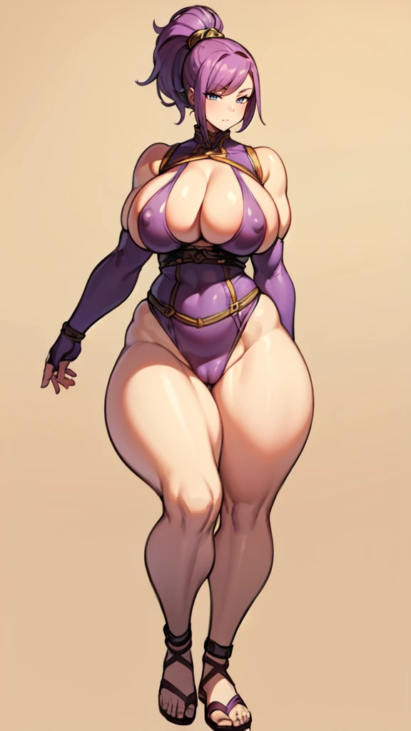 (masterpiece), best quality, female warrior, huge girl, female muscular:1.2, (curvy:1.7), (((blank background))), ((full body)), fingerless gloves, sandals, sleeveless, covered nipples, ((buzzcut hairstyle)), purple hair, hair over eyes, ((very big legs:1....