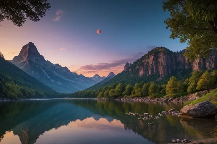 masterpiece, best quality, high quality, Extremely detailed CG Unity 8K wallpaper, landscapes, perfect reflection, stunning water surfaces. outdoor, Sky, cloud, dusk, no humans, castle, Gothic, Mountain, landscape, water, trees, blood moon, waterfall, clif...