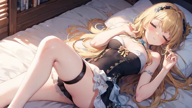 best quality，Super detailed，Perfect limbs，floor、mini skirt，Clothes with intricate details，Bright，Swimsuit，one person，blond，Sexy、Deep sleep、long hair、Stockings