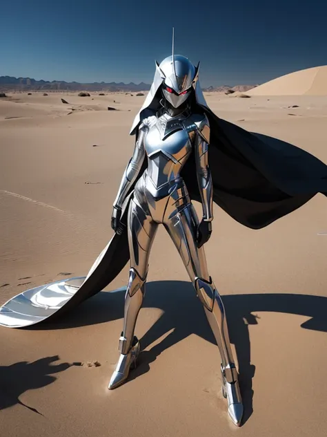 my universe is my world. a shiny silver mirrored android in the sand among the desert world. apocalypse, shadow, greyness, destr...