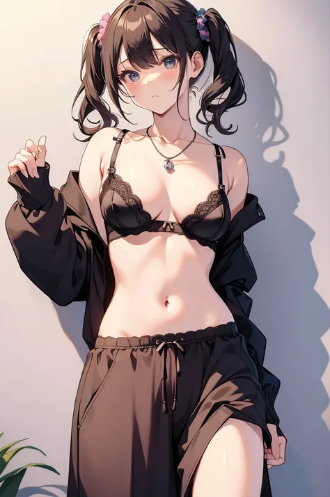 masterpiece, Highest quality, Cute Mature Woman,Small breasts that are just beginning to grow, Scrunchie hair ornament, Twin tails,Large areola,Nipples,hoodie,necklace, skinny , Nipples,(Nipplesが透けて見える)), (good:1.3), (lingerie,Culottes:1.3),Nylon Fabric