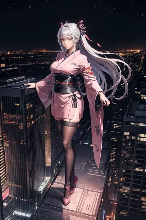 anime, (artwork, Better Quality, Ultra-detailed, High Contrast), 1 female (alone, whole body, Corpo Plus Size, standing on the edge of a skyscraper, Silver Hair, Long, flowing hair, Bright ruby red eyes, (Kimono Black, Neon pink black cybernetic), Black tr...