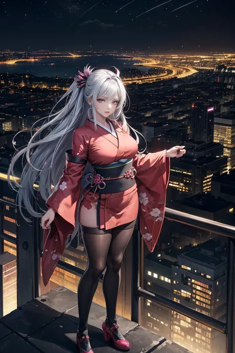 anime, (artwork, Better Quality, Ultra-detailed, High Contrast), 1 female (alone, whole body, Corpo Plus Size, standing on the edge of a skyscraper, Silver Hair, Long, flowing hair, Bright ruby red eyes, (Kimono Black, Neon pink black cybernetic), Black tr...