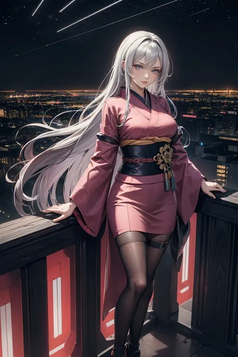 anime, (artwork, Better Quality, Ultra-detailed, High Contrast), 1 female (alone, whole body, Corpo Plus Size, standing on the edge of a skyscraper, Silver Hair, Long, flowing hair, Bright ruby red eyes, (Kimono Black, Neon pink black cybernetic), Black tr...