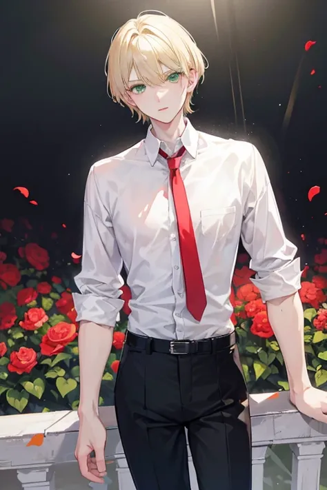 Marin is a young man of half French and half English descent. Short, straight, light blonde hair, green eyes, red lips, handsome face, but his face was calm and cold. Wear a white shirt and black pants.