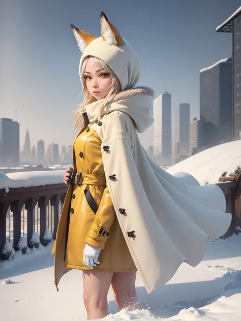 ((realisitic)), ((detailded)), illustration, perspective of the scene (urban environment), Character appearance (yellow skin, Fox Head, (female) and humanoid body, greeneyes, and wearing an elegant coat, in the middle of a snowy morning with an imposing ai...