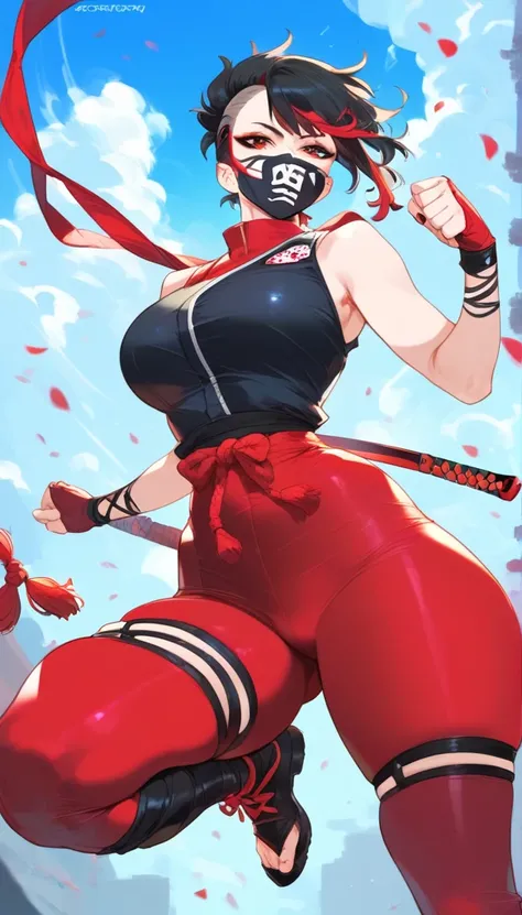 mixed_artstyle, 1 girl, Alone, hands, Asian,  short black hair with red highlights, red eyes, High quality images, curves visible, cinematic, wallpaper style, view from below, Ninja outfit, Oni mask, black colors with red details, red sword, jumping pose, ...