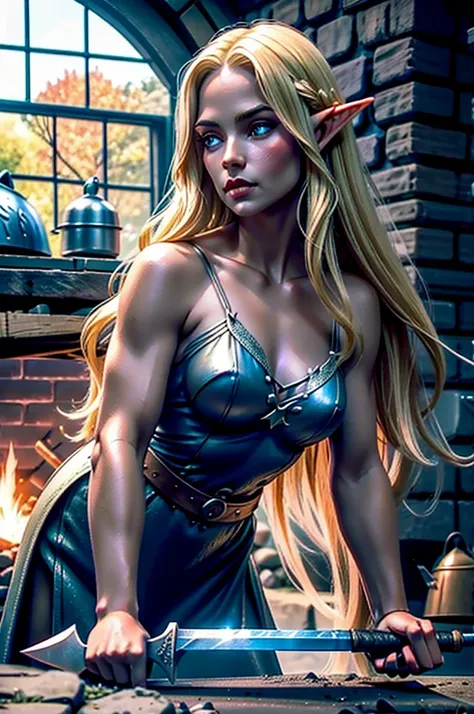 a dark blonde elven woman working at a forge, striking a sword at an anvil. a dark blonde elven woman blacksmith working at her ...