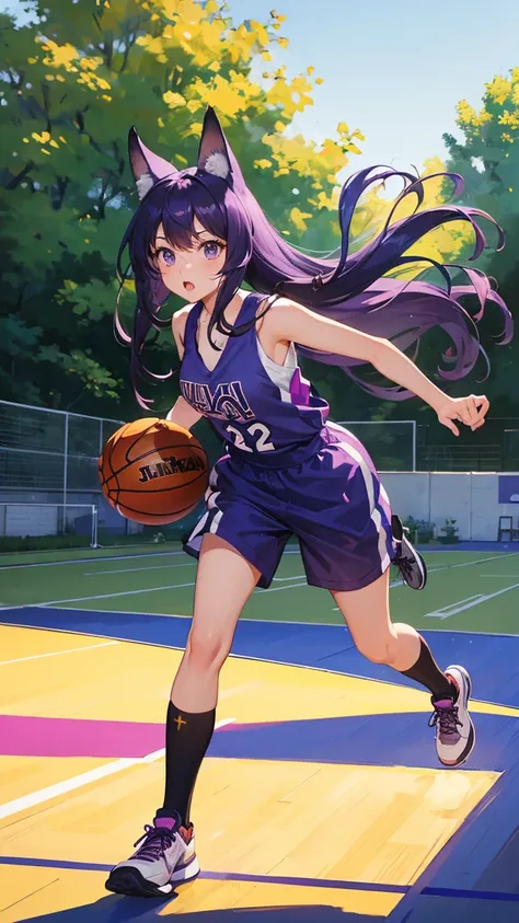 (Highest quality), (masterpiece), 1 Girl,Play basketball,Purple Hair,long hair,Fox Ears,Adult women,She is dribbling the ball,running,Outdoor Basketball Court, She is wearing a suspender top, Fair skin, sunny, Full body photo,(Bright Eyes), (Iris),Very det...