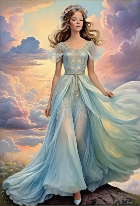 She, opalescent silk, soft pastels, dreamy clouds, flowing dress, fairy-tale allure, whimsical charm, , pastel-hued skies.,highly intricate1968, 60s, black letters, hyper detailed, photorealistic,,