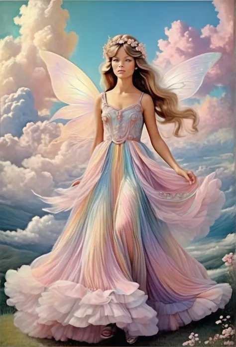 She, opalescent silk, soft pastels, dreamy clouds, flowing dress, fairy-tale allure, whimsical charm, , pastel-hued skies.,highly intricate1968, 60s, black letters, hyper detailed, photorealistic,,