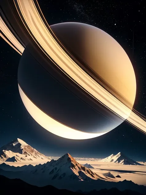 professional photo. a huge view of saturn in shape. tropical mountain jungle, clear day.