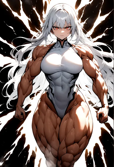 Make the image of a woman, She Has Long White Hair, red vertical pupils, a muscular body with strong arms and defined thighs,  a white outfit, breasts big, and a white aura over your body, she has a serious expression on her face 