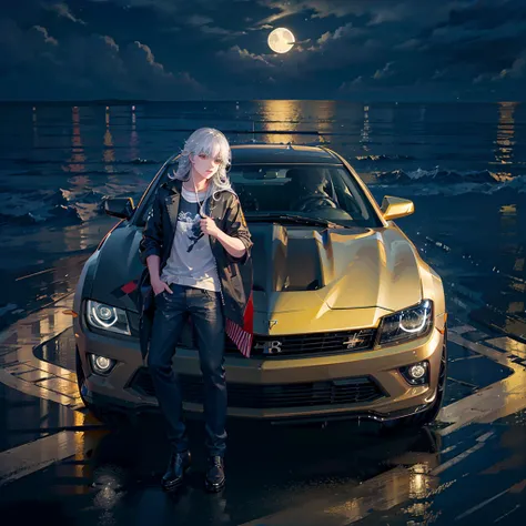 camaro, front pov, driving in the night, rain, yellow moon on background, ocean bellow, moon reflection in ocean, beautiful scenemy, drift car