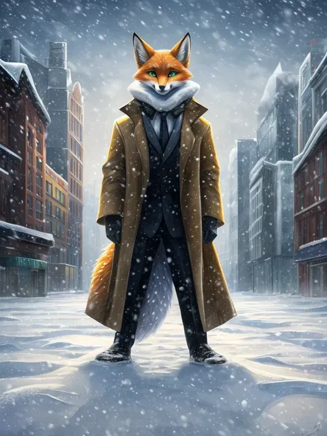 ((realisitic)), ((detailded)), illustration, perspective of the scene (urban environment), Character appearance (yellow fur, Fox Head, and humanoid body, greeneyes, and wearing an elegant coat, in the middle of a snowy morning with an imposing air), Backgr...