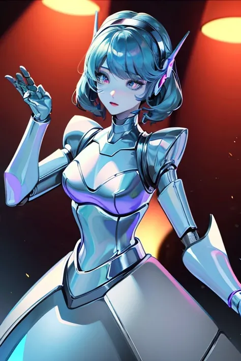 empty eyes,robotized woman ,big bust,Robot Joint ,Metal skin,dress,android,Robot Suit