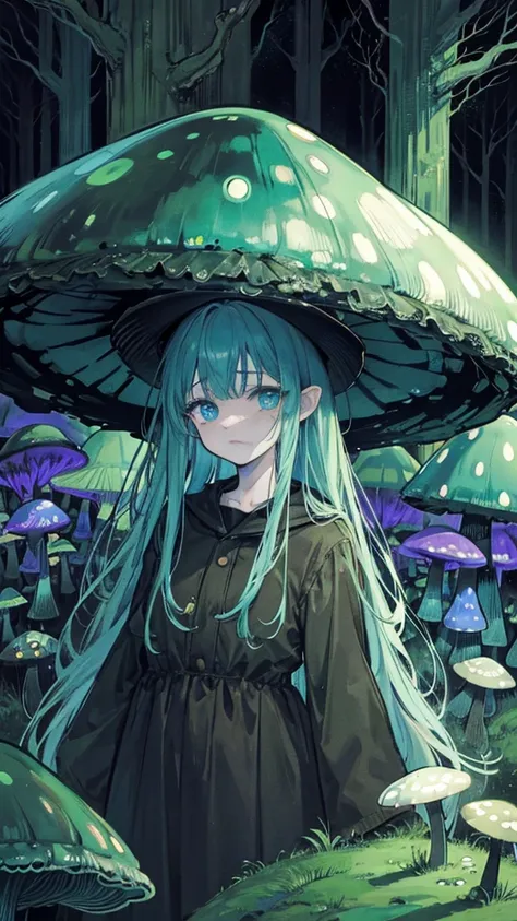 [by Junji Ito], dark horror landscape, [detailed shadows], [is coming], (bioluminescent mushroom forest), 1 girl, gigantic cosmic eyes, tears running, spiral mushroom, HDR