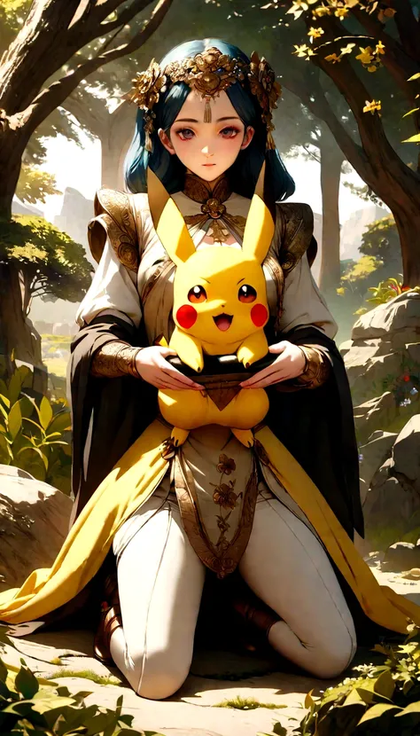 Create an image of a kneeling humanoid Pikachu, Hold the sword and lift it, Make him an adult