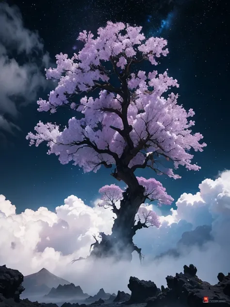 alien landscape, space, fog, starry sky, the horizon of a black hole in the sky, blooming white jacarandas, the black highest wa...