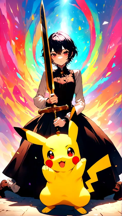 Create an image of a kneeling humanoid Pikachu, Hold the sword and lift it, Make him an adult