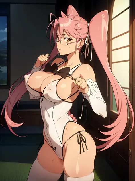 (Nsfw),Hayatakagi, Hajime Takagi, Long hair, bow ribbon, (Twin-tailed:1.3), (Brown eyes:1.5), Hair Ribbon, Pink hair, (eye glasses:1.3),,(looking at the viewers:1.3),BREAK (masutepiece:1.2), Best Quality, High resolution, Unity 8k Wallpaper, (Illustration:...