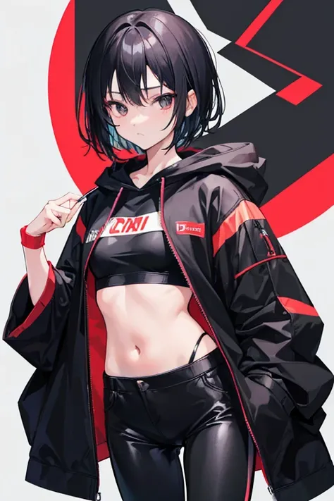 Yumi is an 18 year old girl, 160 cm tall, a Japanese girl. Short black hair, black eyes, wears a black hoodie and black pants. His face looked calm and cold. and has a flat chest