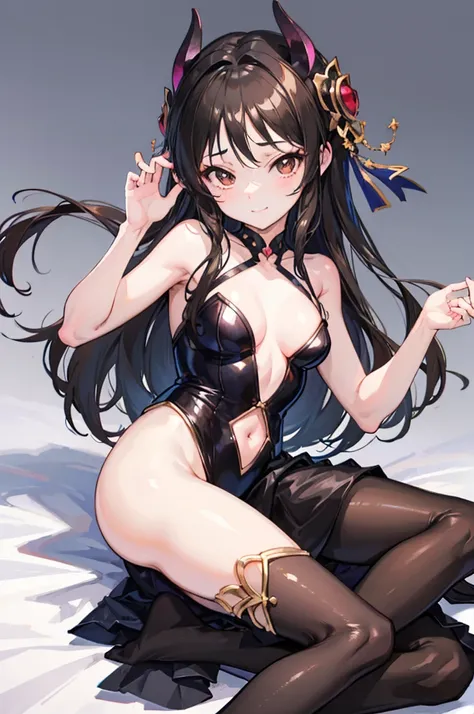 Highest quality　Highest quality　Draw a face carefully　High-definition anime-style face　Super Glowing Skin　Long black hair　Brown leotard　Golden pantyhose　Succubus　lure　smile　Prone　Lying down　Show the soles of your feet　Close up of the soles of the feet