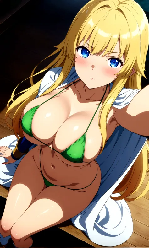 score_9, score_8_up, score_7_up,,BREAK source_anime,(from above,face high view),Dutchangle,,,upperbody,sitting,looking at viewer,selfie, 1girl, celes chere, final fantasy.blonde hair, blue eyes, (ultra micro bikini,green bikini),large breasts,cleavage,poin...