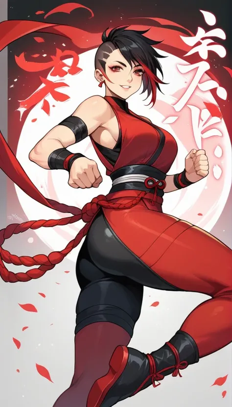 mixed_artstyle, 1 girl, Alone, hands, Asian,  short black hair with red highlights, red eyes, High quality images, curves visible, cinematic, wallpaper style, view from below, Ninja outfit, Oni mask, black colors with red details, red sword, jumping pose, ...