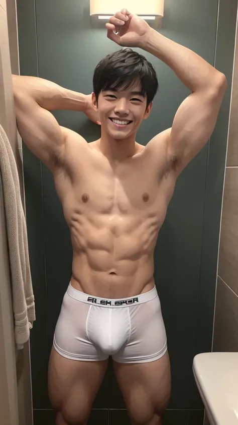 13 years old、Japanese men、Pretty short sporty short black hair、Short but well-trained muscles、In the small bathroom at night、Showing a pair of thin white boxer briefs with a rather tight and elaborate design.、A happy smile with a wide open mouth、Short heig...