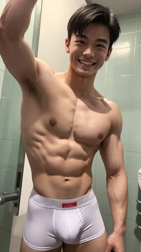 13 years old、Japanese men、Pretty short sporty short black hair、Short but well-trained muscles、In the small bathroom at night、Showing a pair of thin white boxer briefs with a rather tight and elaborate design.、A happy smile with a wide open mouth、Short heig...