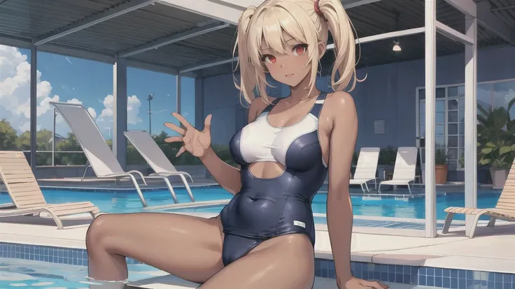 (masterpiece:1.2, Highest quality), 1 Female, alone, School Swimsuit, Pool, Day, sit, blonde, Twin tails, Red eyes, Open Collaboration, Dark Skin, (Open chest:1.1),