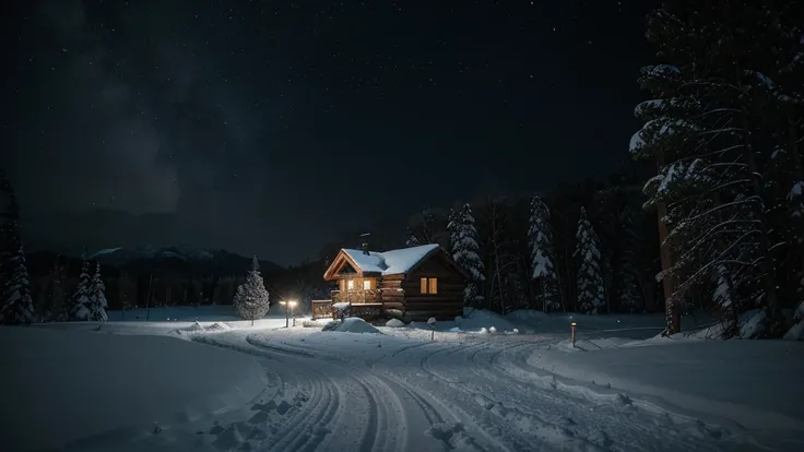 a lone cabin in the snow with a trail leading to it, taken with sigma 2 0 mm f 1. 4, winter night, snowy night, mikko lagerstedt, shot with a canon 20mm lens, atmospheric cold lighting, perfect lighting in a snow storm, night sky photography, snowfall at n...