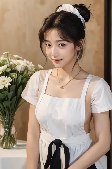 (Highest quality, 8K, masterpiece: 1.3)), concentrated: 1.2, Perfect Body Beauty: 1.4, ((Bun Hair,Small breasts: 1.2)), (Florist:1.3), (apron,Shorts : 1.3) ,valley,　A shy smile,Highly detailed face and skin texture, Simple Necklace, (Beautiful, clear black...