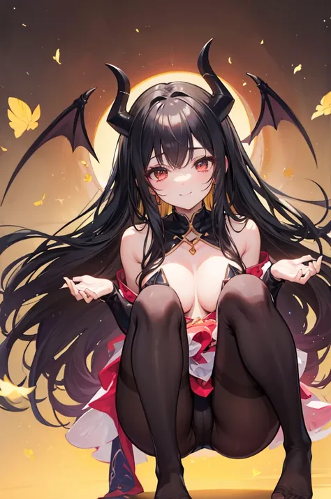 Highest quality　Highest quality　Draw a face carefully　High-definition anime-style face　Super Glowing Skin　Long black hair　Brown leotard　Golden pantyhose　Succubus　lure　smile　squat　Show the soles of your feet　Close up of the soles of the feet