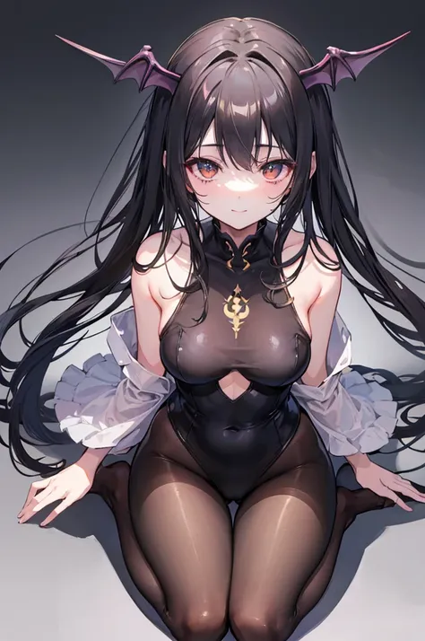 Highest quality　Highest quality　Draw a face carefully　High-definition anime-style face　Super Glowing Skin　Long black hair　Brown leotard　Golden pantyhose　Succubus　lure　smile　squat　Show the soles of your feet　Close up of the soles of the feet