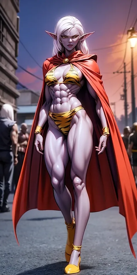 Subject:
1 Solo Female Drow Elf
Physical Description:
Purple Skin
Long White Hair
Strong Body with Abs
Shiny Skin (Ultra Quality)
Attire:
Yellow Tiger Bikini (underneath)
Red Cape (flowing)
Pose:
Standing Pose
Background:
Cinematic Street Scene (Atmospheri...