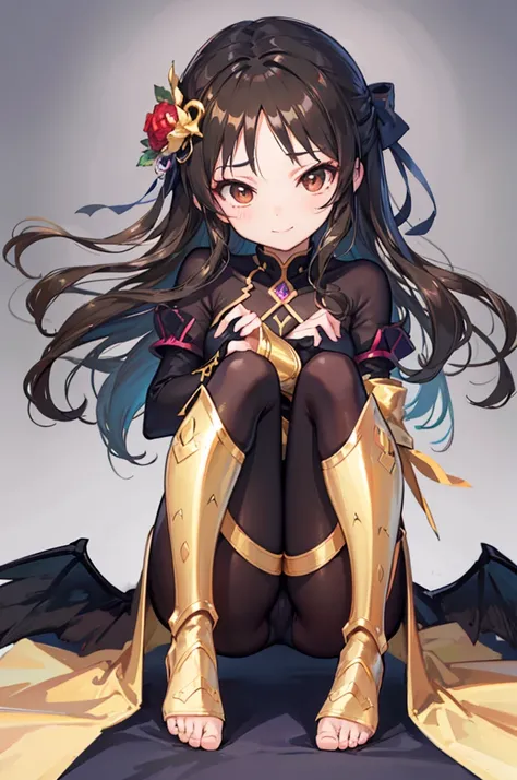 Highest quality　Highest quality　Draw a face carefully　High-definition anime-style face　Super Glowing Skin　Long black hair　Brown leotard　Golden pantyhose　Succubus　lure　smile　squat　Show the soles of your feet　Close up of the soles of the feet