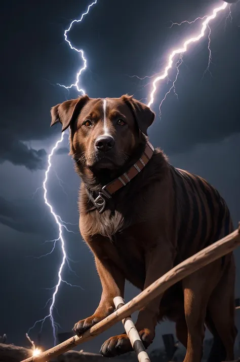 brown dog with black stripes holding a black stick with lightning around it