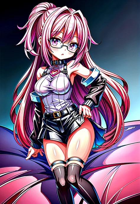 pink hair black glasses pink eyes extremely blushing a large pink sweater short black skirt at the waist chains black stockings that she is a reserved girl her bed that she is on her knees touching her butt