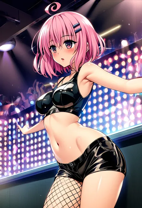 One girl, momo berea deviluke, to love-ru,perfect body,pink Hair, short Hair, puple eyes,hair clip,ahoge,leather crop top,leathe shorts,fish net,standing along counter,
break,Create a nightclub atmosphere, with pulsing lights, sexy dancing, and a sense of ...