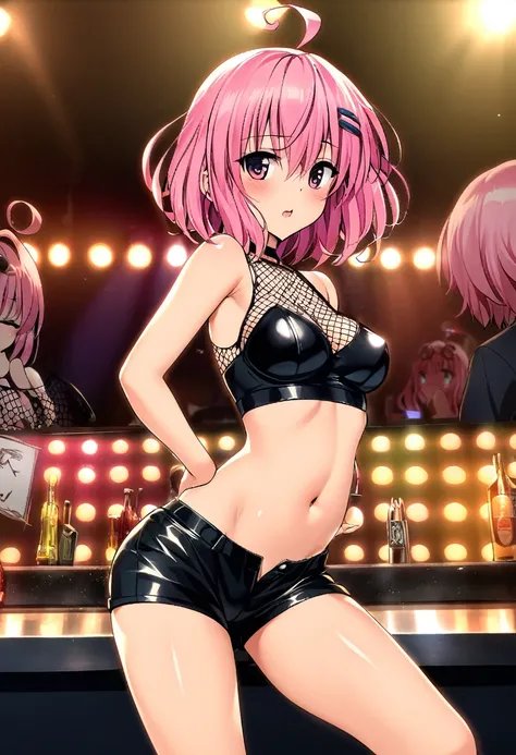 One girl, momo berea deviluke, to love-ru,perfect body,pink Hair, short Hair, puple eyes,hair clip,ahoge,leather crop top,leathe shorts,fish net,standing along counter,
break,Create a nightclub atmosphere, with pulsing lights, sexy dancing, and a sense of ...