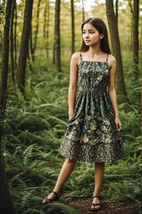 Girl with a dress inspired by nature that the dress has leaves and animals