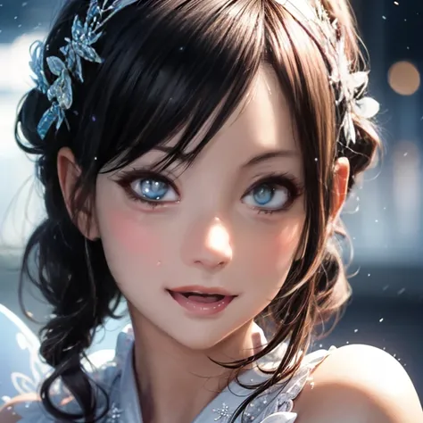 KAWAII girls standing in glowing snow dust, Stunning detailed eyes, beautiful detailed lips, extremely detailed eyes and face, long eyelashes, detailed fantasy snow fairy, glowing snowflakes, intricate snowy background, soft blue and silver color palette, ...