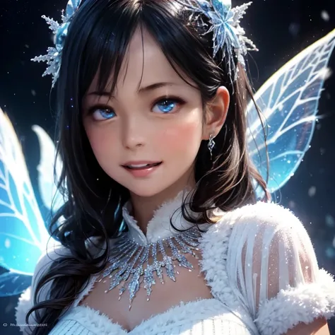 KAWAII girls standing in glowing snow dust, Stunning detailed eyes, beautiful detailed lips, extremely detailed eyes and face, long eyelashes, detailed fantasy snow fairy, glowing snowflakes, intricate snowy background, soft blue and silver color palette, ...