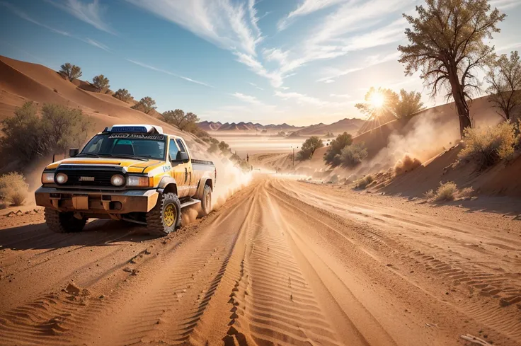 there is a truck driving down a Dirt Road with a lot of dust, Off-road, Off-road, traveling long Dirt Road, Best selection on Adobe Stock, shutter, Dirt Road, rally driving photo, Dirt Road background, dust and sand in the air, Vehicle Photography, road tr...