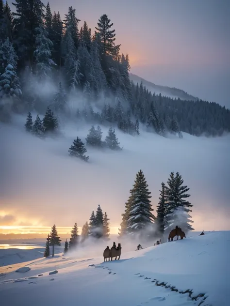 3 camels walking in the snow, blizzard, fog, professional photography, light beige, ash-blue, gray-olive, emerald, christmas tre...