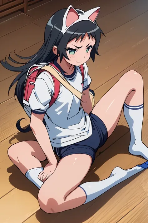 masterpiece, ultra quality, ultra sharp, ultra detailed, 1girl, solo, (((good anatomy))), haduki kurumi, shiny skin, (tattered torn dripping wet white gym shirt), navy gym pants, animal ears, randoseru, name tag, Japanese anime pose, laugh, BurumaShorts, B...