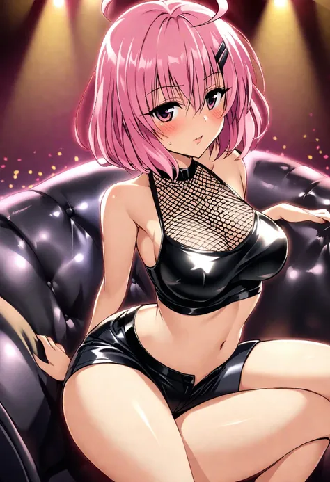 One girl, momo berea deviluke, to love-ru,perfect body,pink Hair, short Hair, puple eyes,hair clip,ahoge,leather crop top,leathe shorts,fish net,sitting on the sofa,crossing legs,
break,Create a nightclub atmosphere, with pulsing lights, sexy dancing, and ...